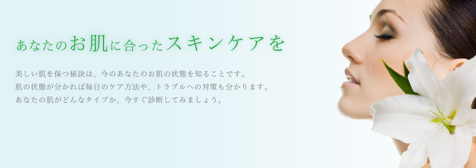 あなたのお肌に合ったスキンケアを。美しい肌を保つ秘訣は、今のあなたのお肌の状態を知ることです。肌の状態が分かれば毎日のケア方法や、トラブルへの対策も分かります。あなたの肌がどんなタイプか、今すぐ診断してみましょう。